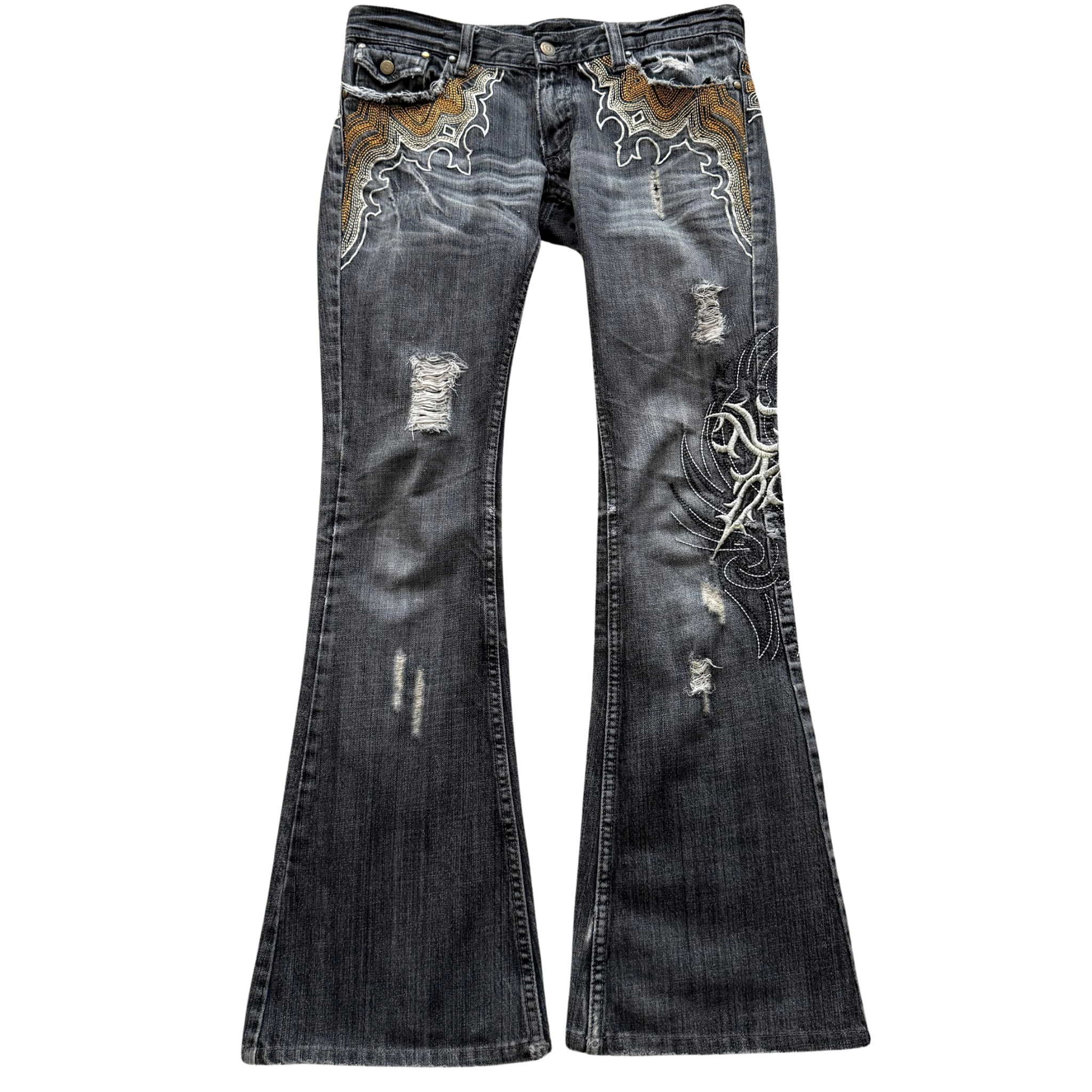 Tornado Mart Tribal Embroidery Flared Denim