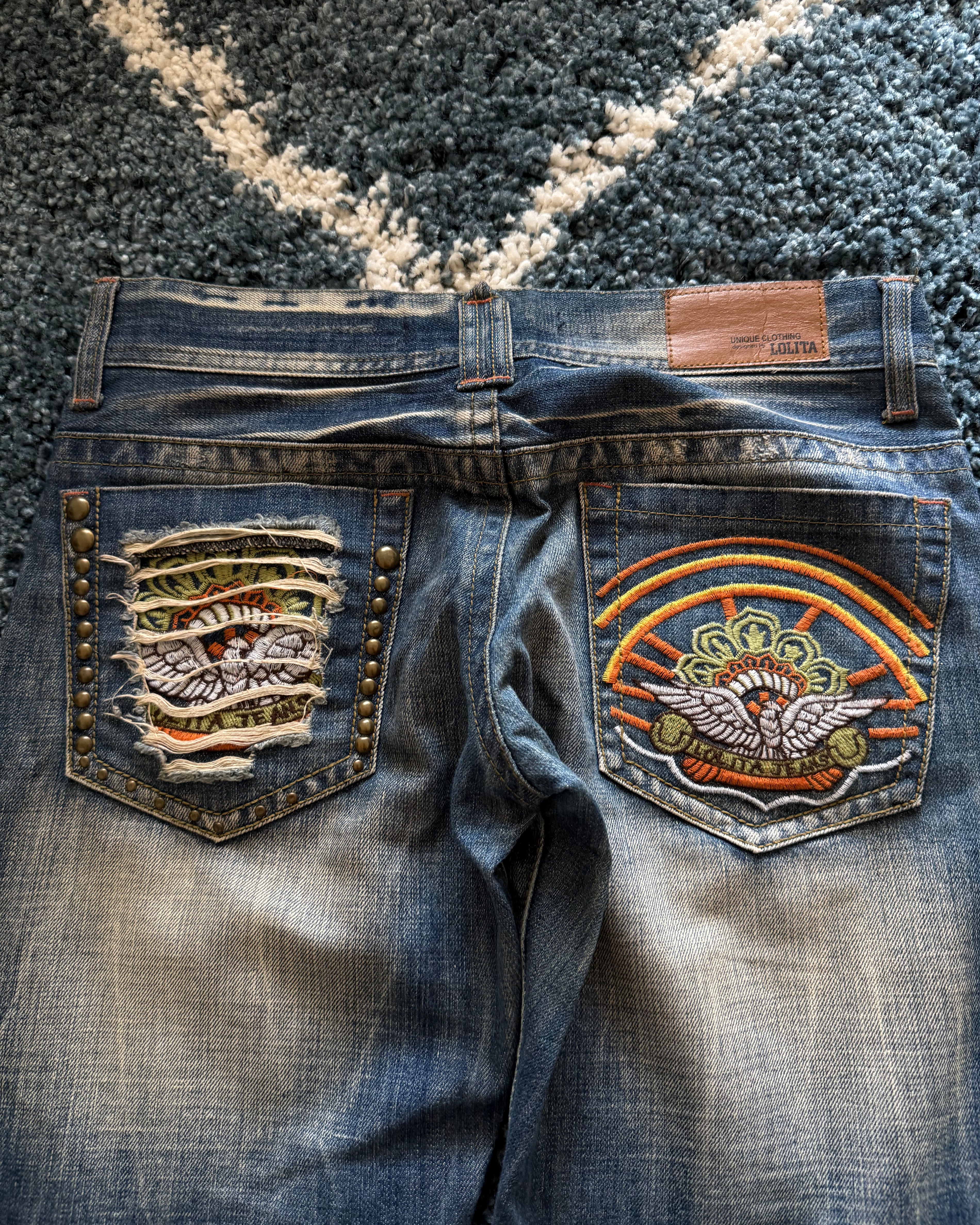 Lolita detailed studded flared denim