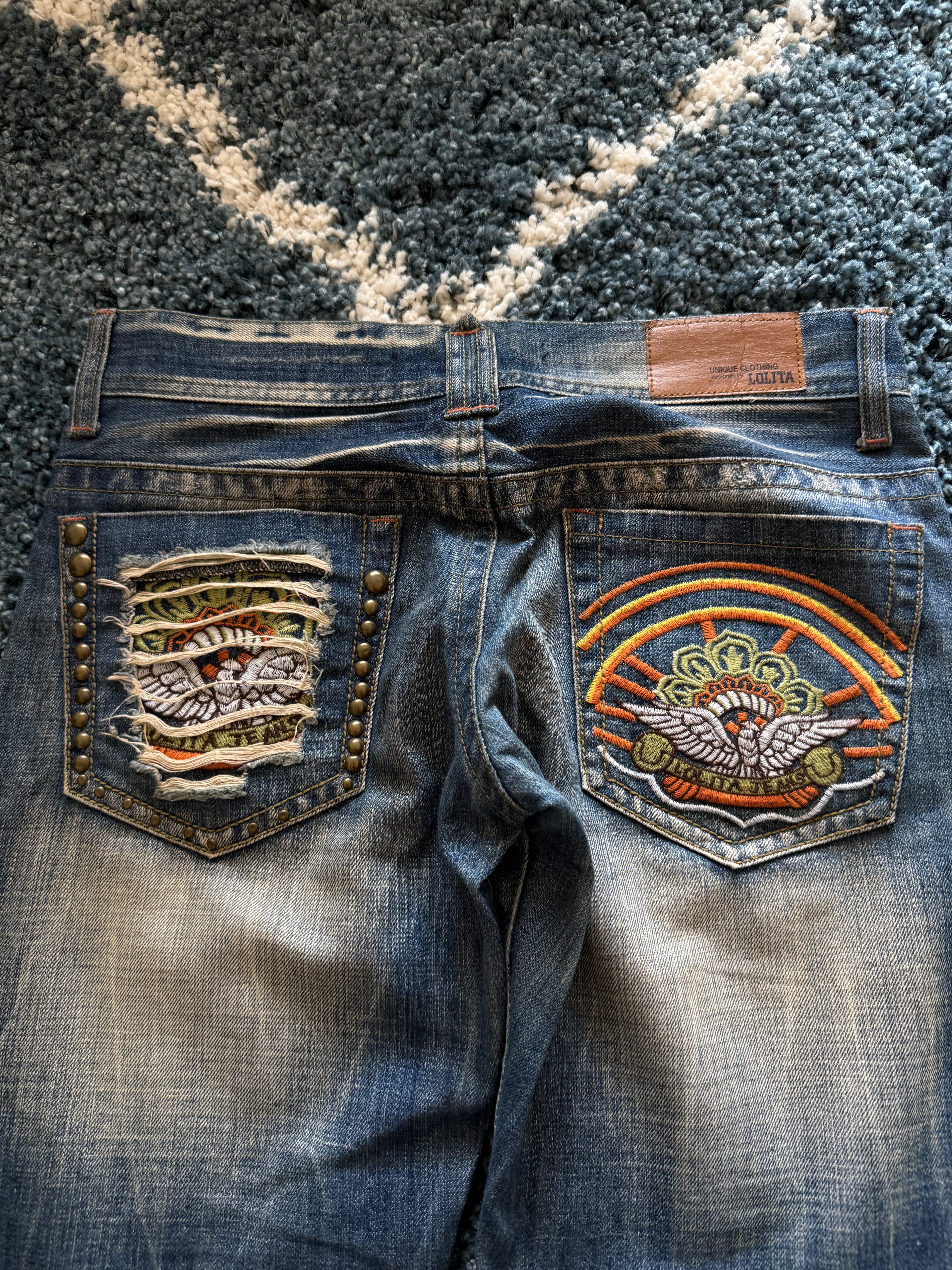 Lolita detailed studded flared denim
