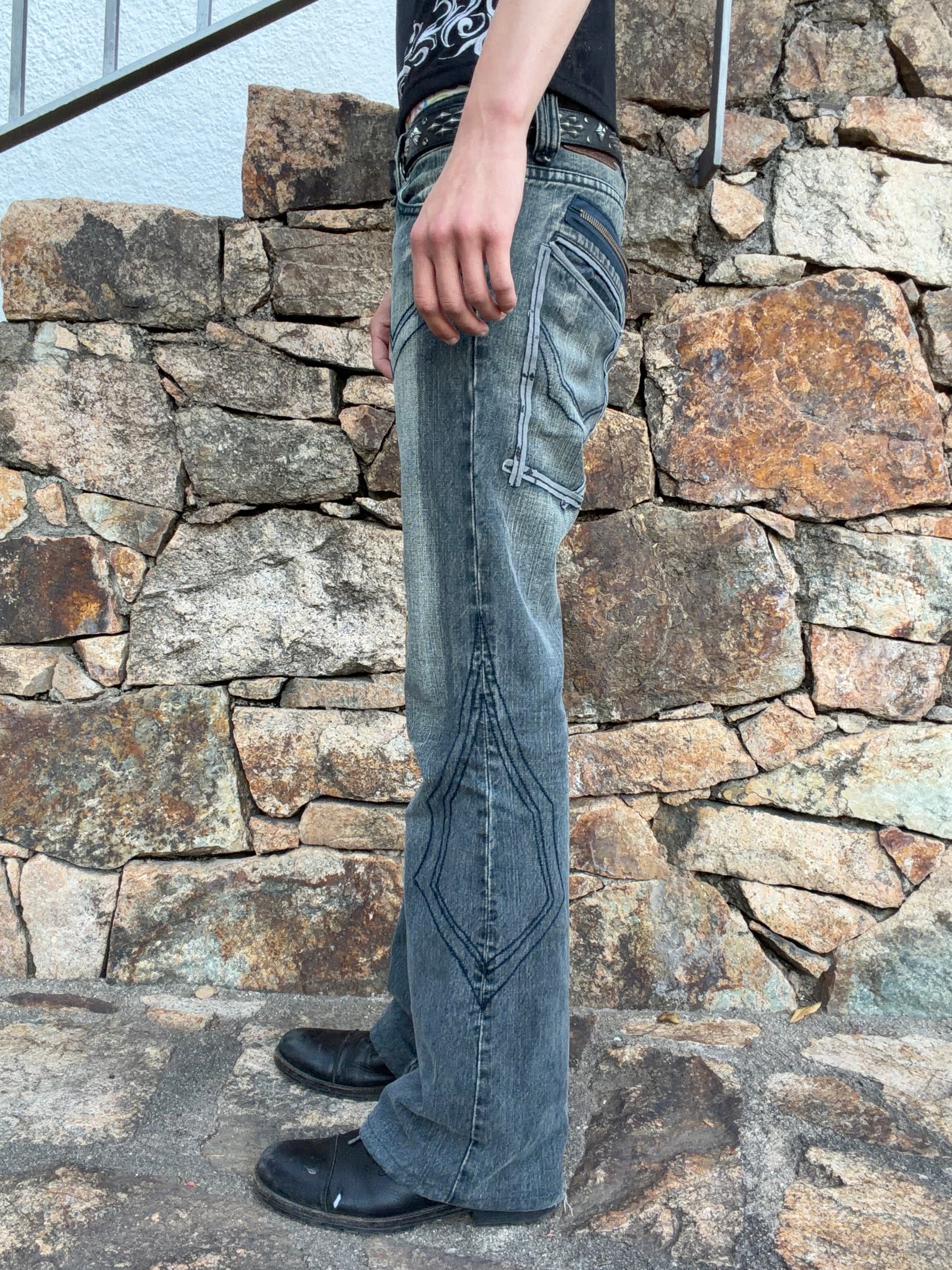 Tornado Mart Tribe Embroidered Rhinestone Flared Denim