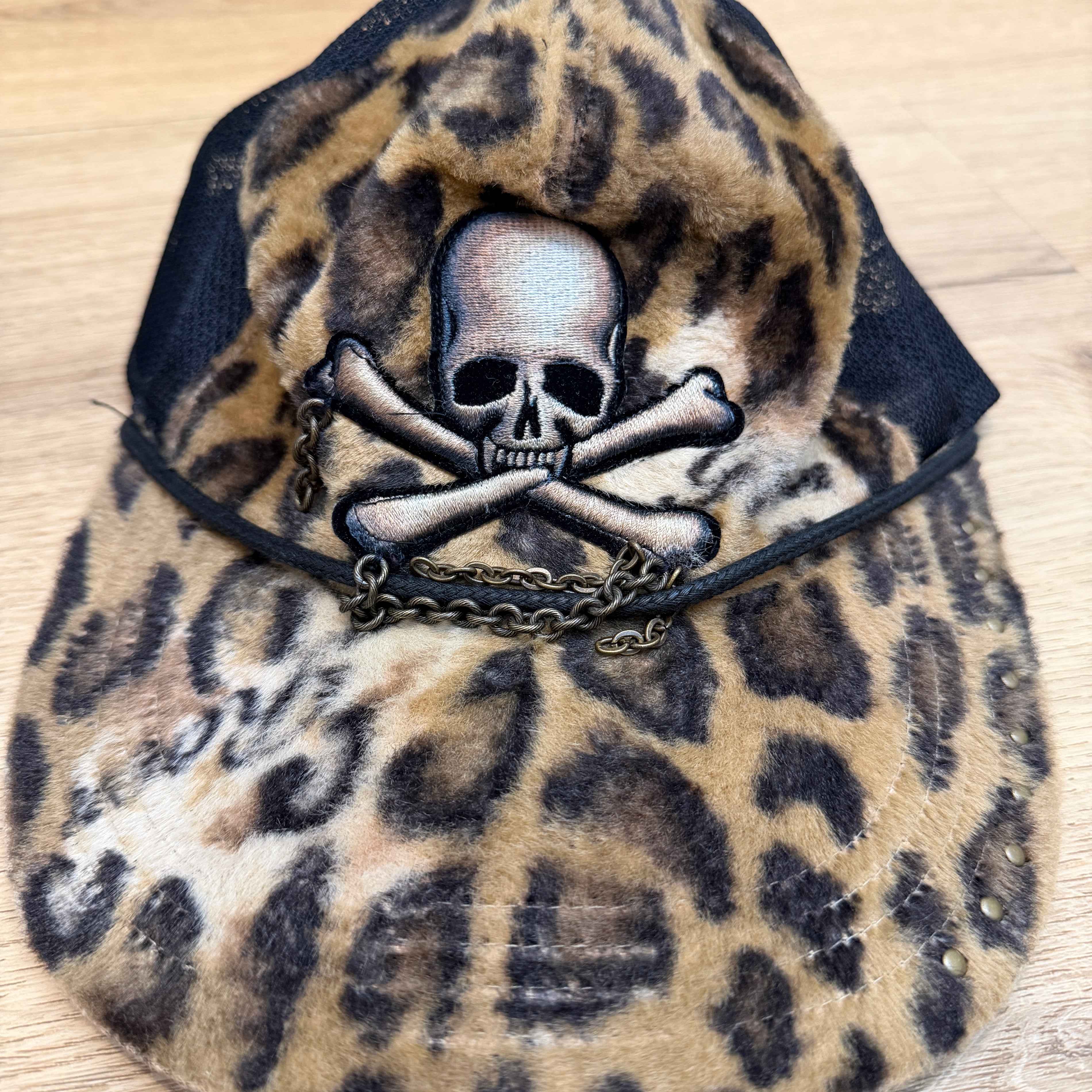 Roen Leopard Fur Studded Trucker Cap