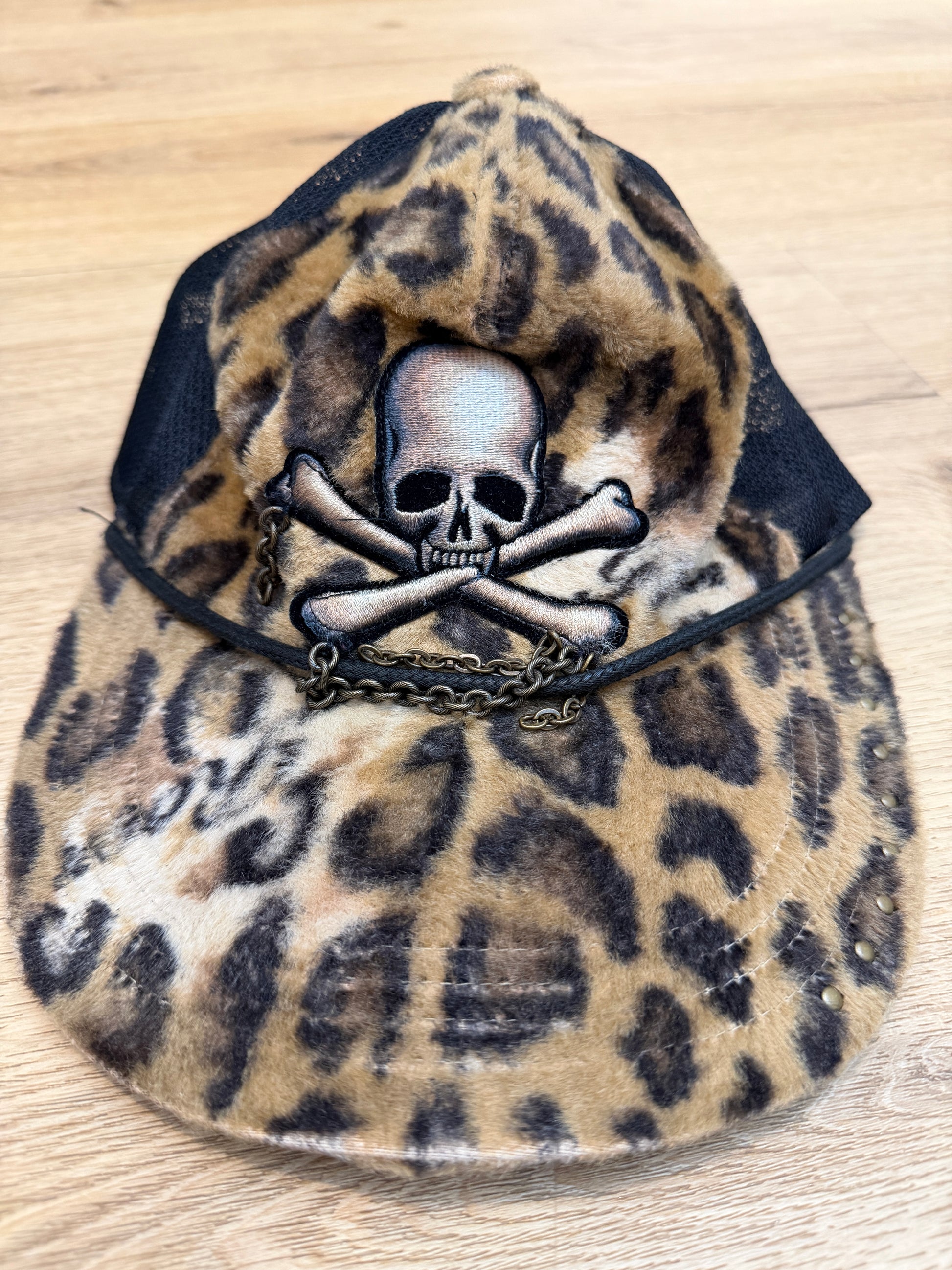 Roen Leopard Fur Studded Trucker Cap