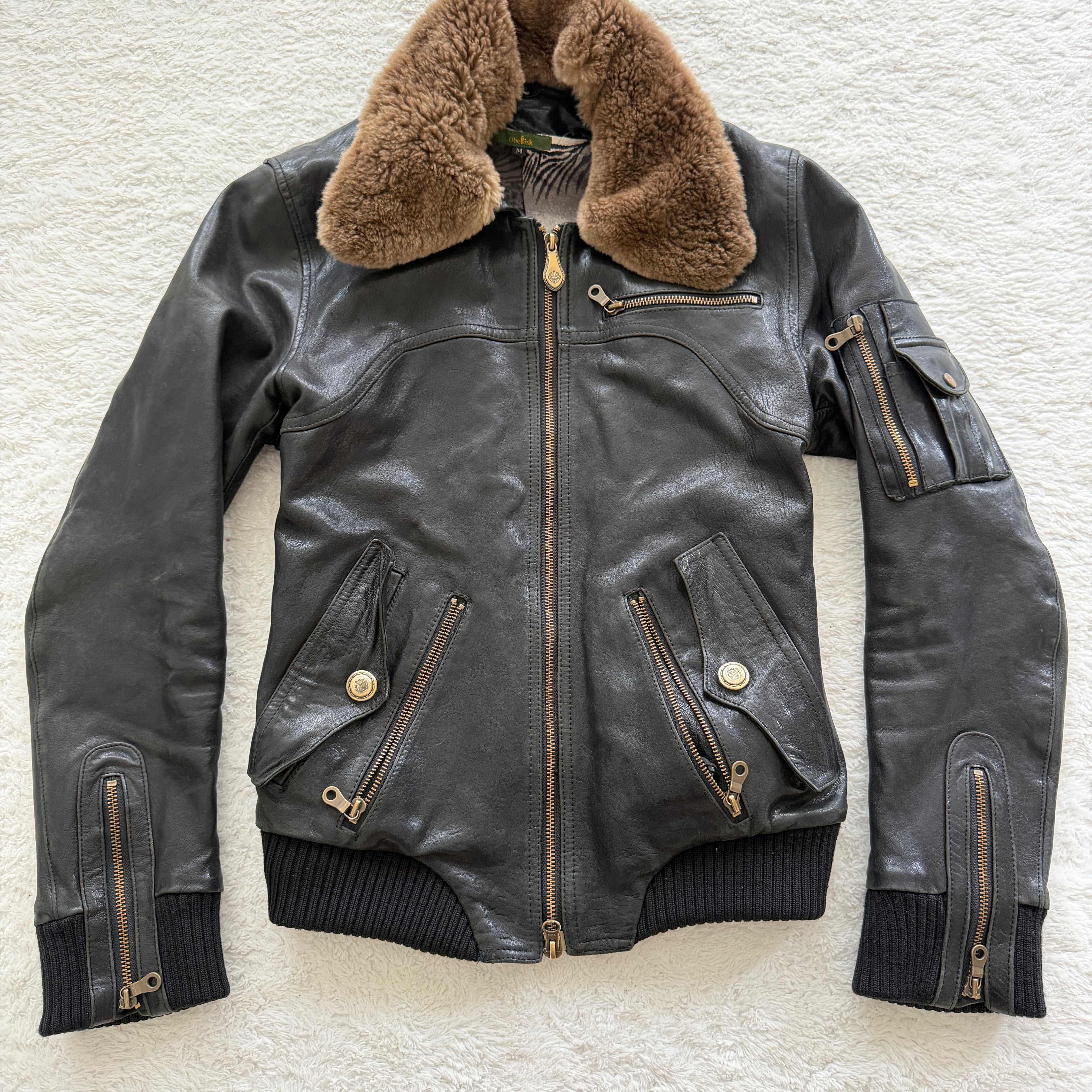 Obelisk Detachable Fur High Quality Leather Bomber Jacket