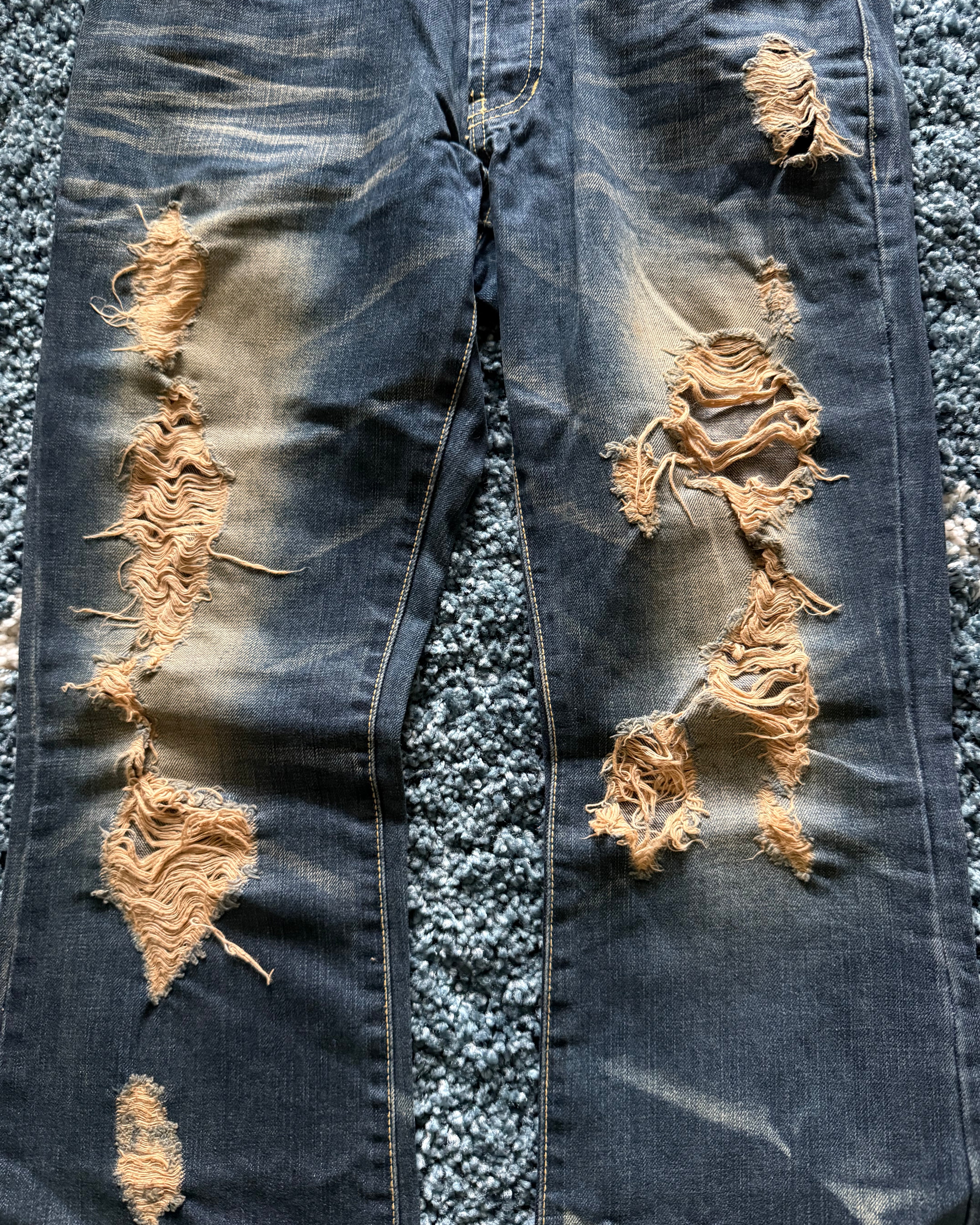 FUGA crashed distressed ponyhair&snakeskin patch flared denim