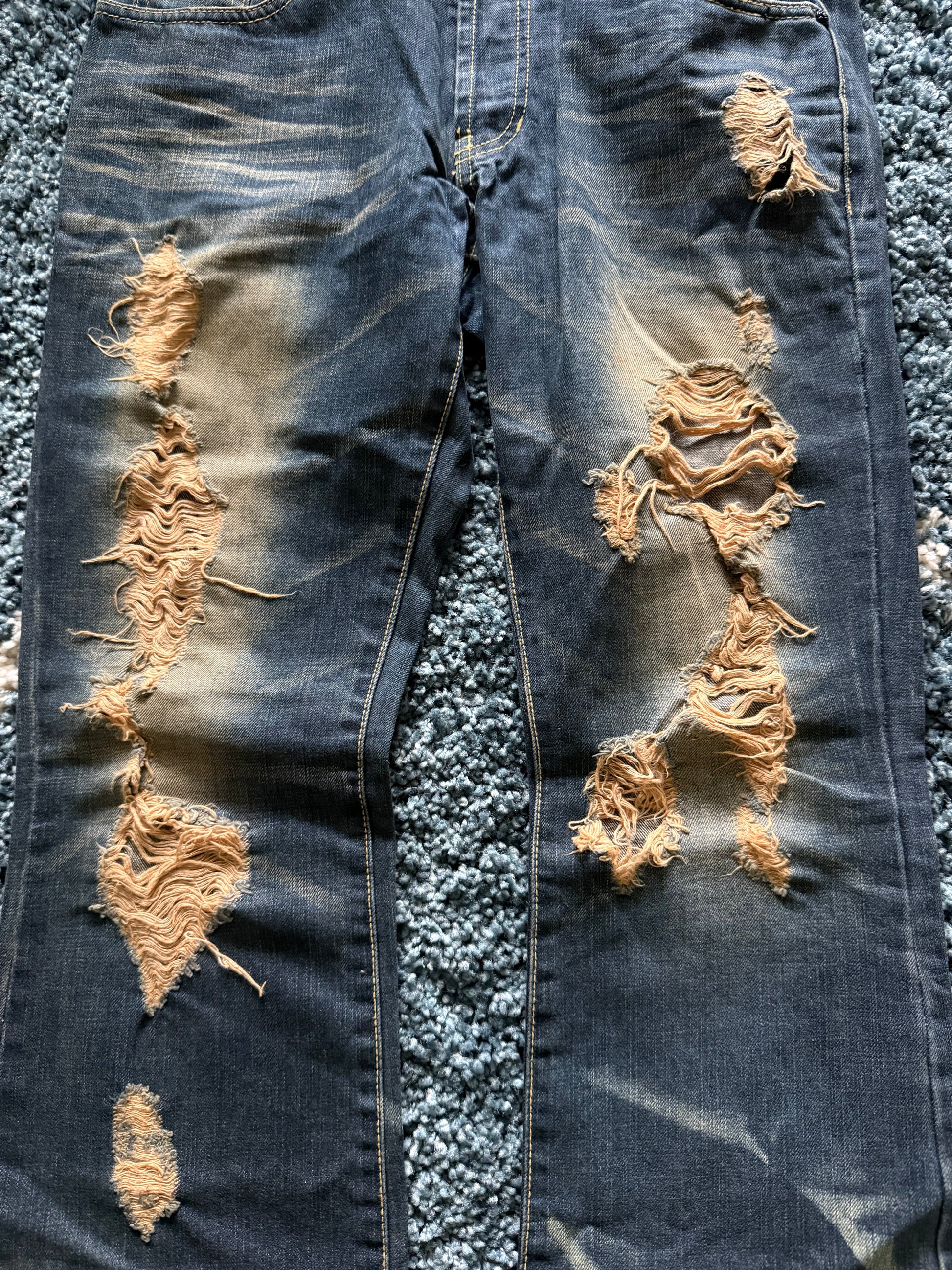 FUGA crashed distressed ponyhair&snakeskin patch flared denim