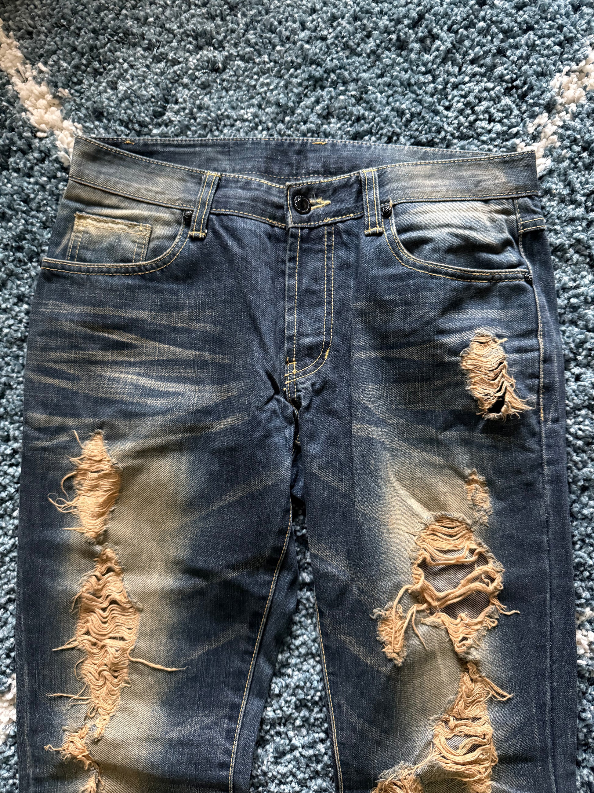 FUGA crashed distressed ponyhair&snakeskin patch flared denim