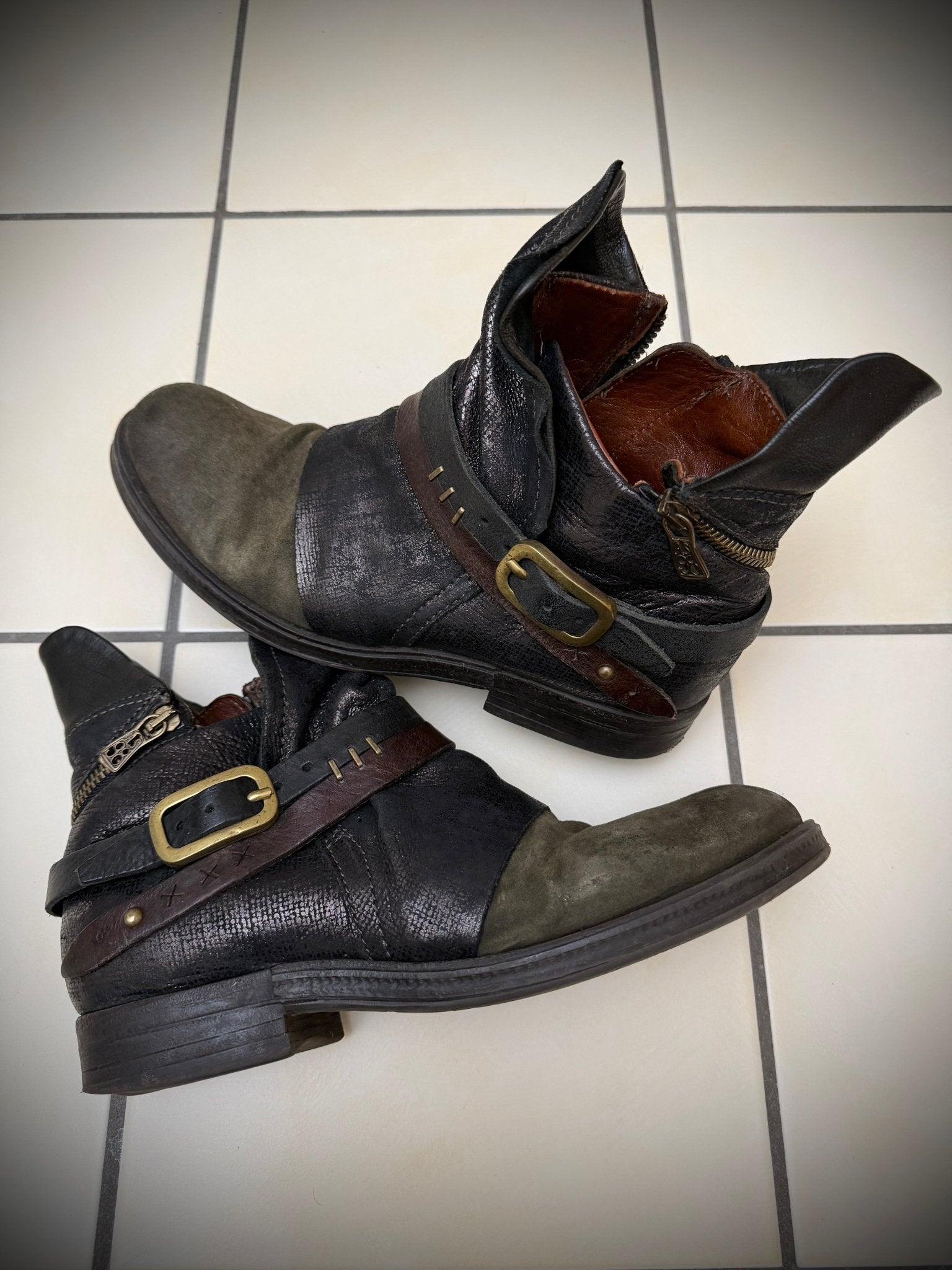 AS98 Asymetrical Zip Belted Waxed Boots - wintexarchive