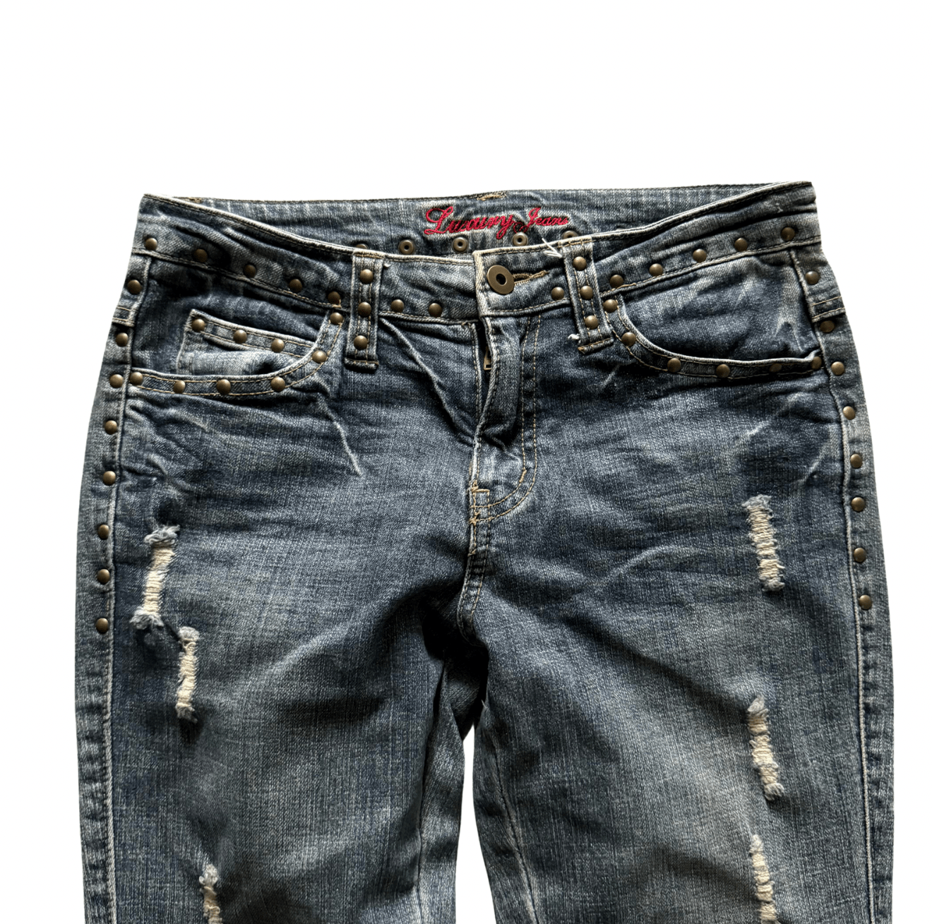 Distressed Studded Flared Denim - wintexarchive