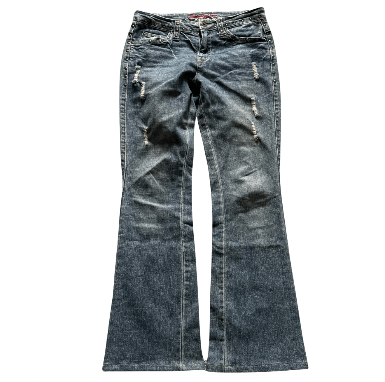 Distressed Studded Flared Denim - wintexarchive