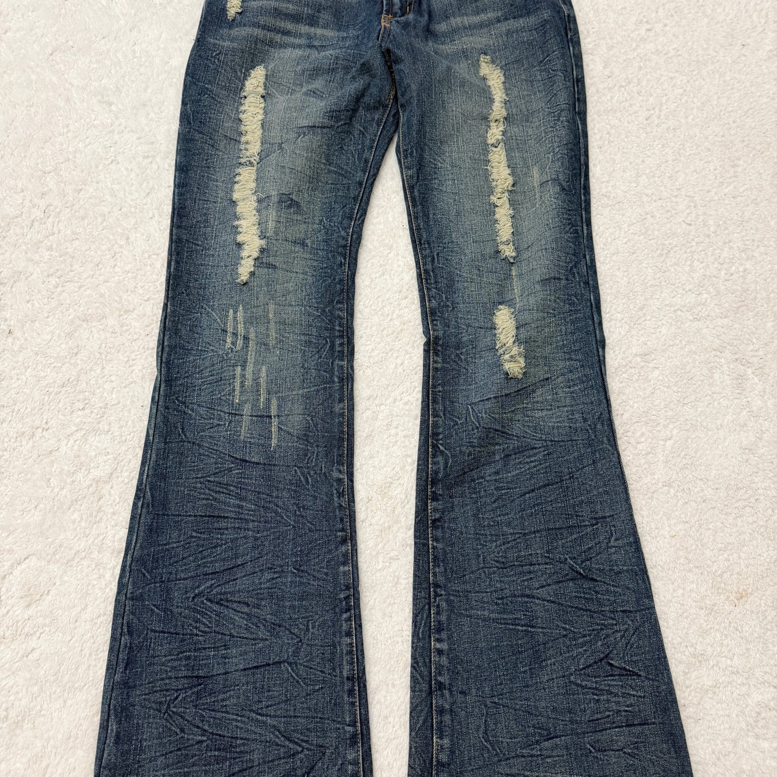 Fuzzy Crystal Distressed Acid Wash Flared Pants - wintexarchive