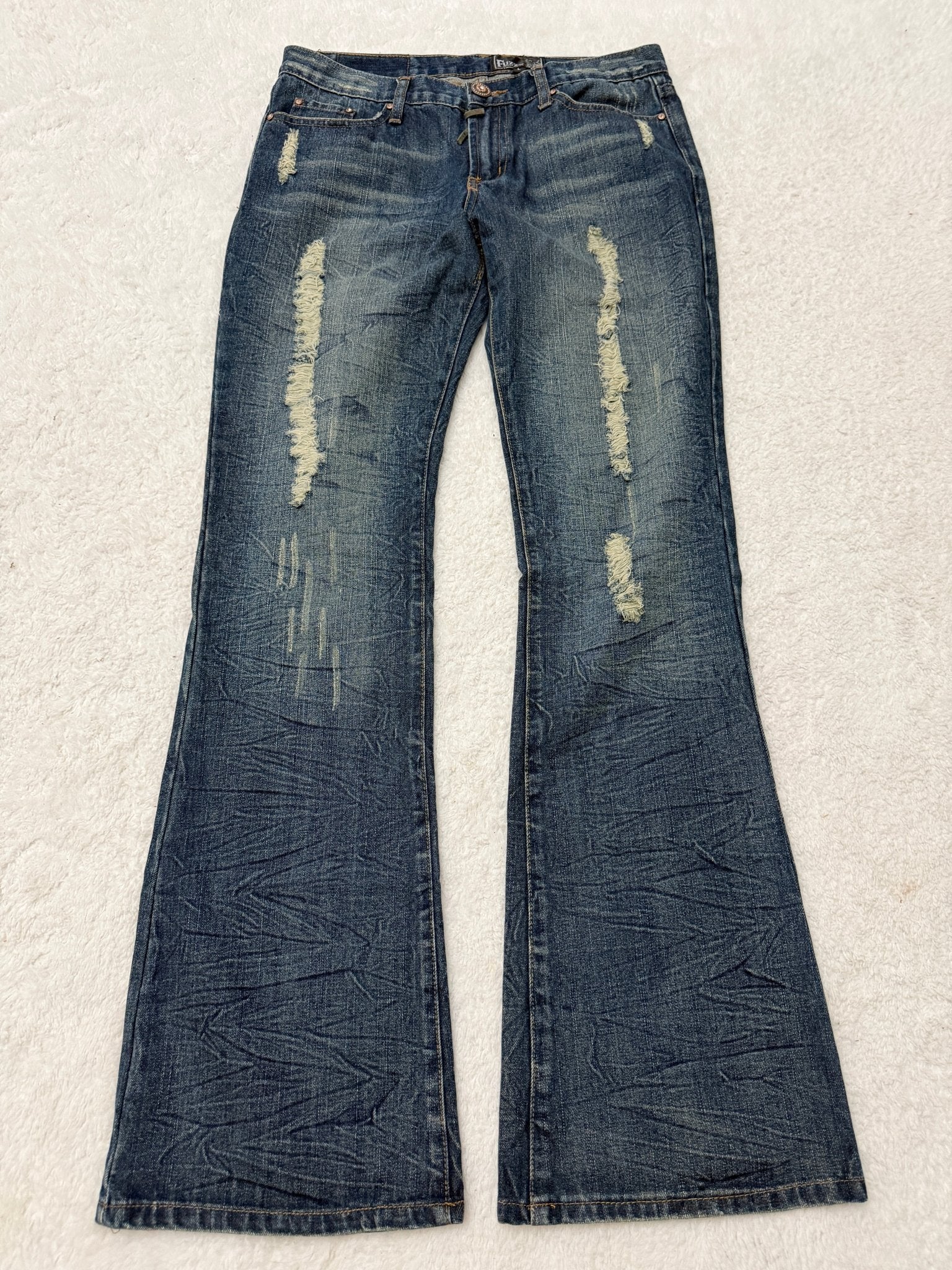 Fuzzy Crystal Distressed Acid Wash Flared Pants - wintexarchive