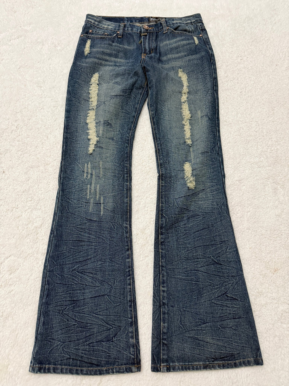 Fuzzy Crystal Distressed Acid Wash Flared Pants - wintexarchive