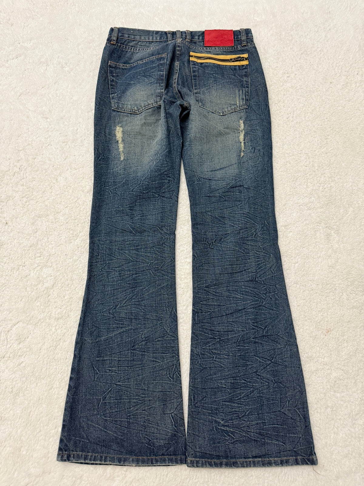 Fuzzy Crystal Distressed Acid Wash Flared Pants - wintexarchive