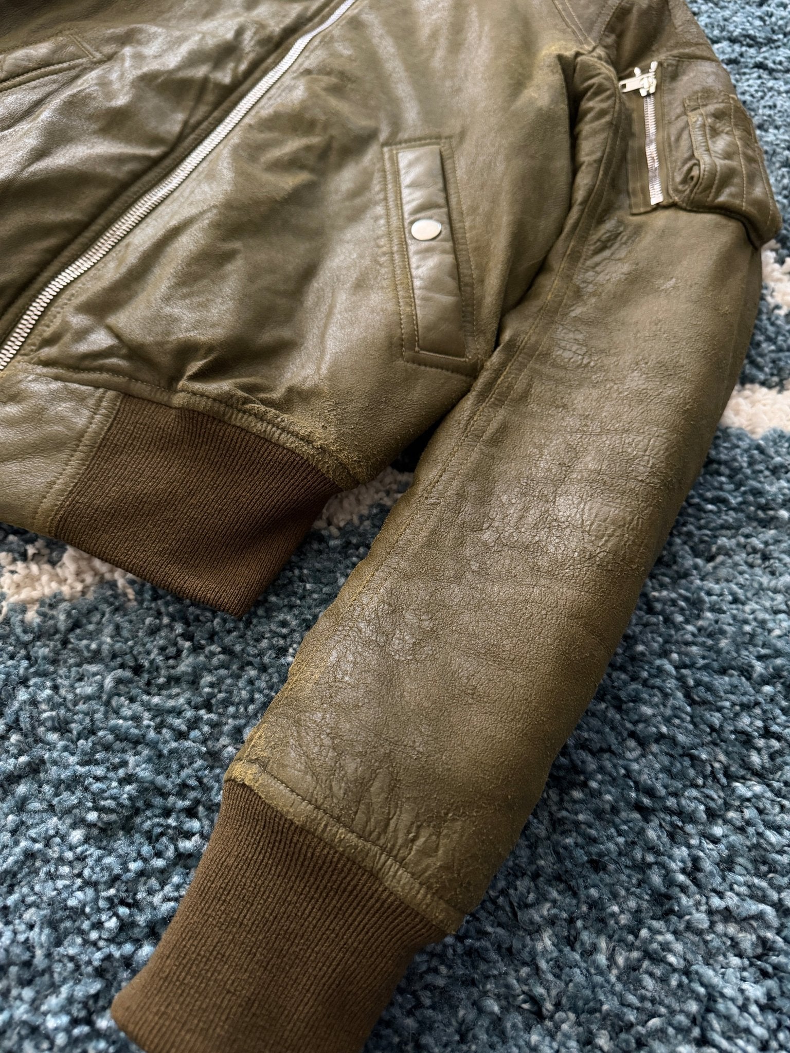 FW/18 Rick Owens Olive Brushed Lamb Nap Intarsia Leather Jacket(48) - wintexarchive