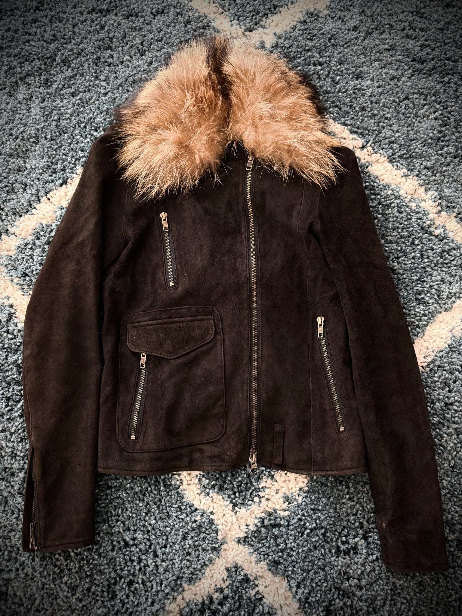 Luca Tram Detachable Fox Fur Double Rider Suede Jacket - wintexarchive