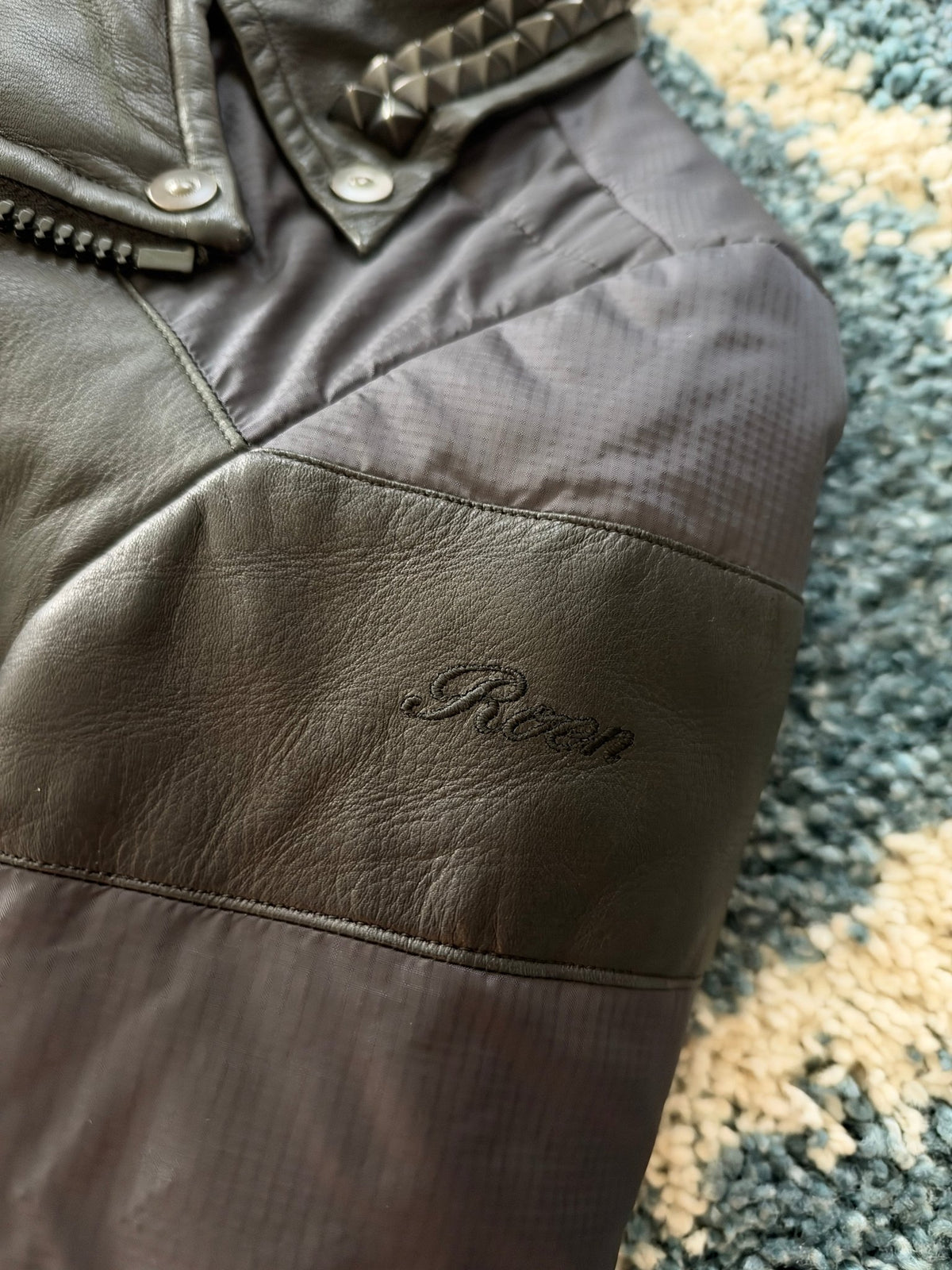 Roen Leopard Infusion Hybrid Leather Puffer Jacket - wintexarchive