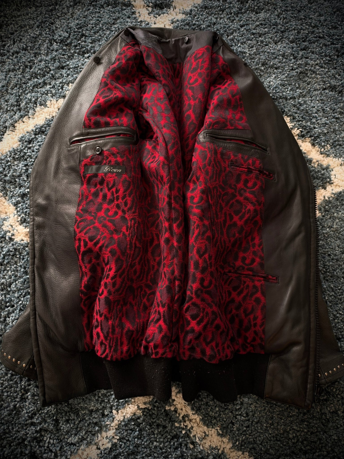 Roen Leopard Infusion Hybrid Leather Puffer Jacket - wintexarchive