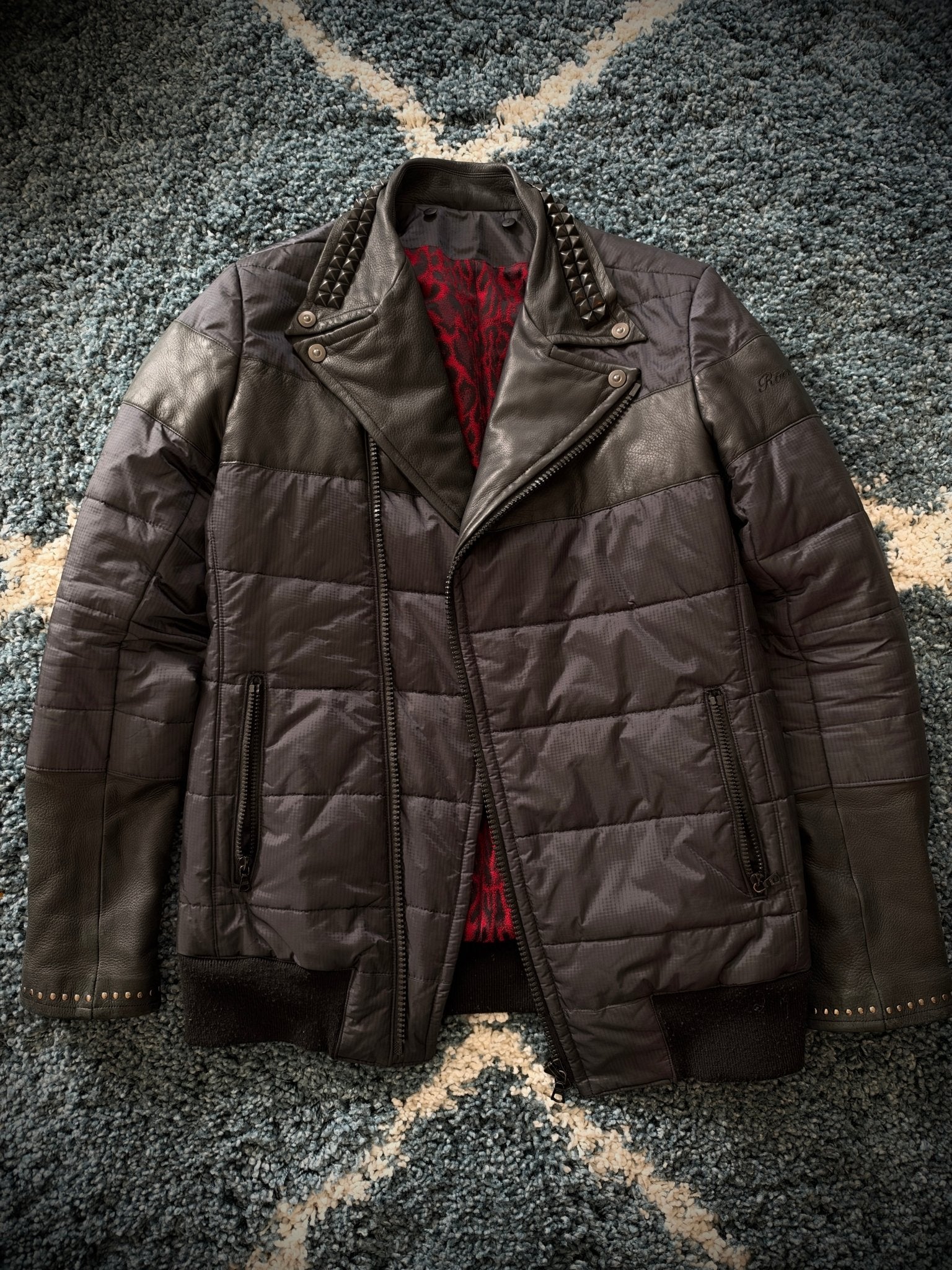 Roen Leopard Infusion Hybrid Leather Puffer Jacket - wintexarchive