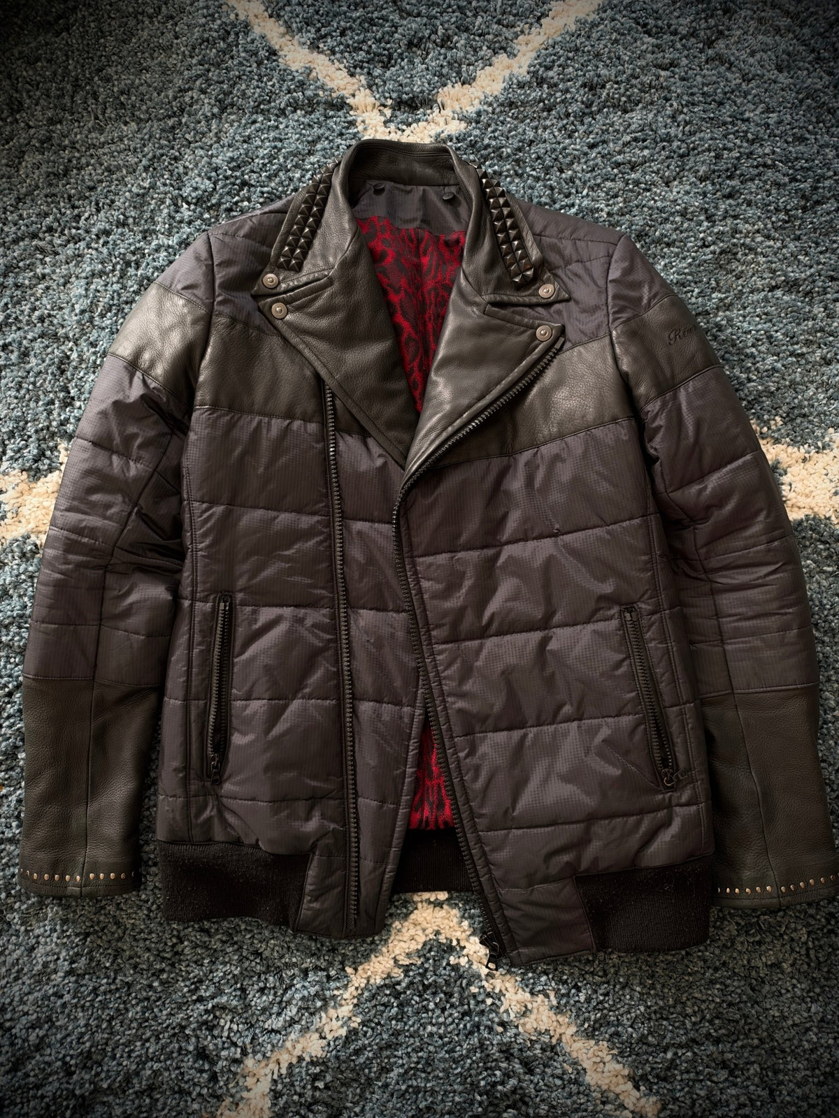 Roen Leopard Infusion Hybrid Leather Puffer Jacket - wintexarchive