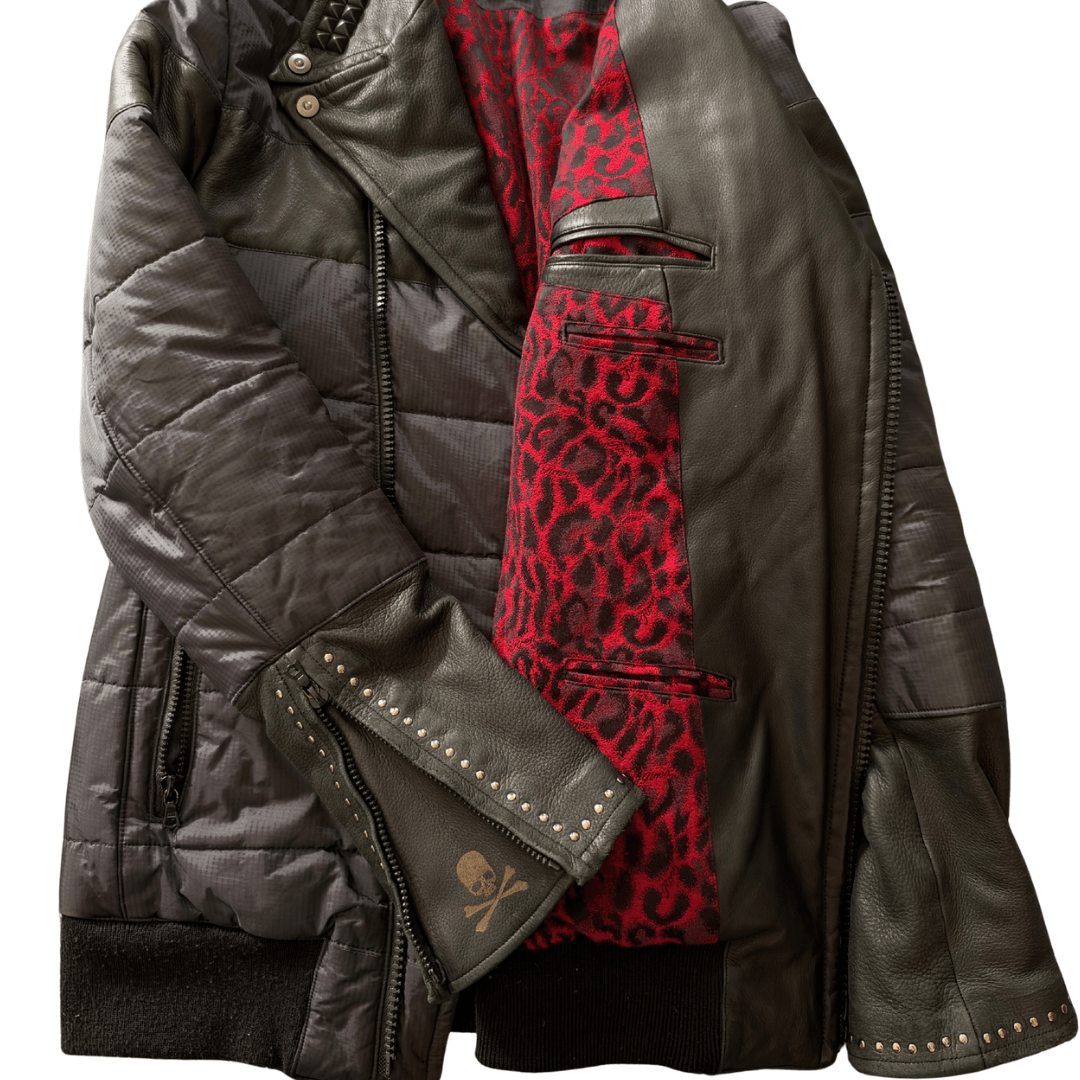 Roen Leopard Infusion Hybrid Leather Puffer Jacket - wintexarchive