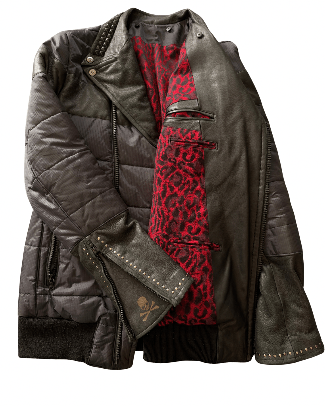 Roen Leopard Infusion Hybrid Leather Puffer Jacket - wintexarchive