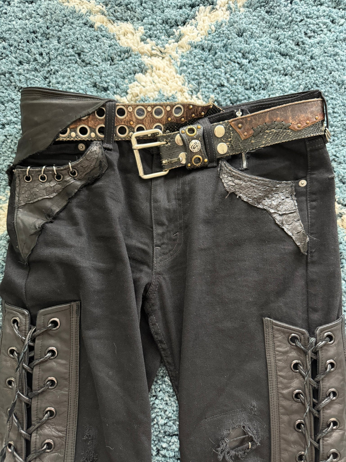Shohei Takamiya Custom Snakeskin Flared Pierced Pants - wintexarchive