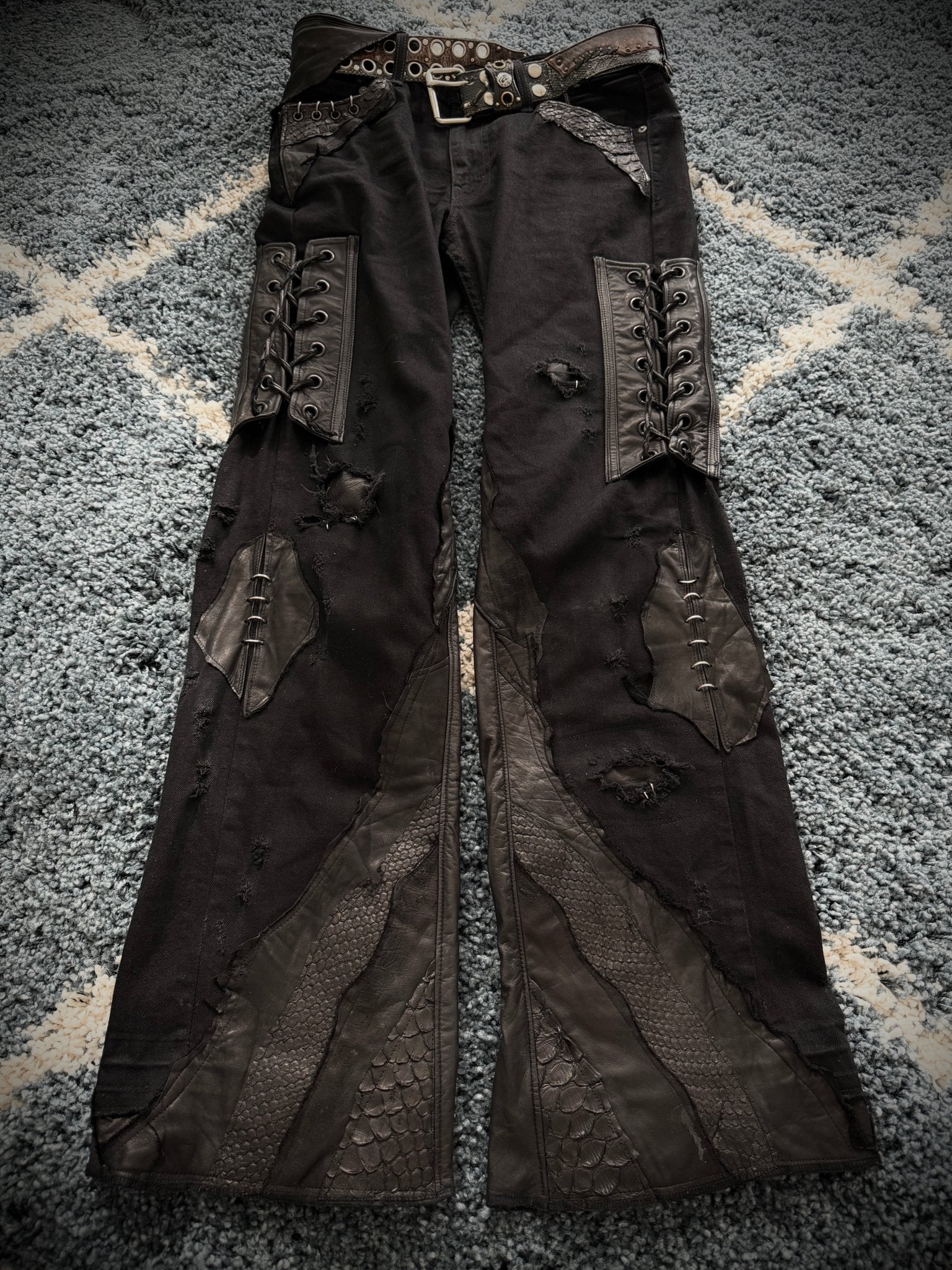Shohei Takamiya Custom Snakeskin Flared Pierced Pants - wintexarchive