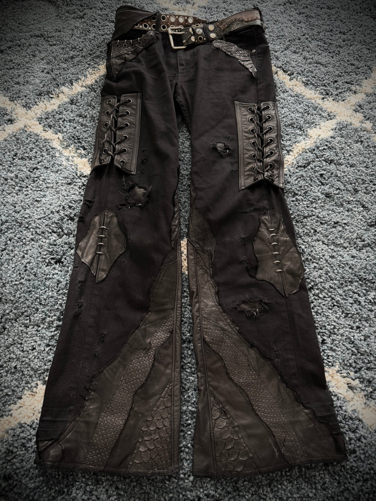 Shohei Takamiya Custom Snakeskin Flared Pierced Pants - wintexarchive