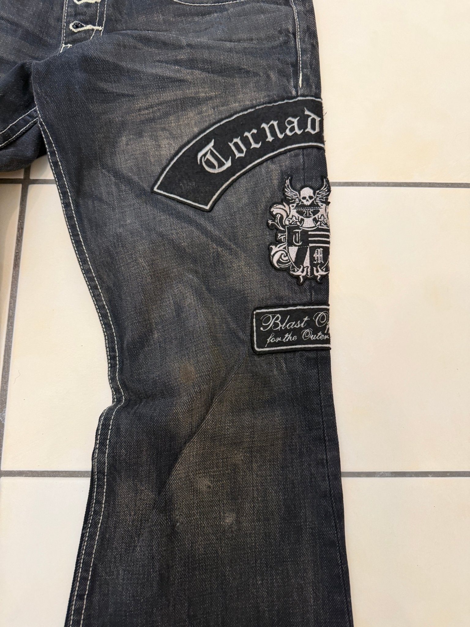 Tornado Mart Patched Flared Denims - wintexarchive