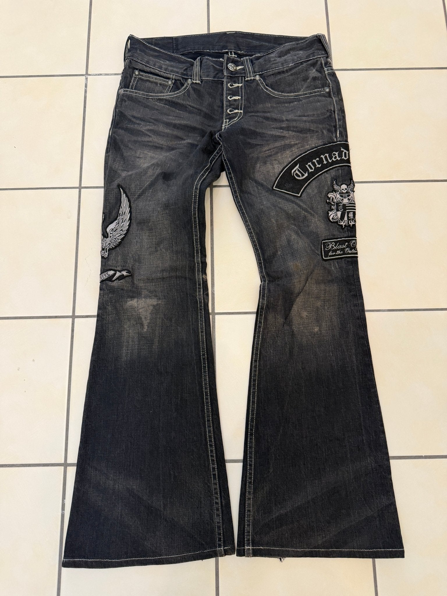 Tornado Mart Patched Flared Denims - wintexarchive