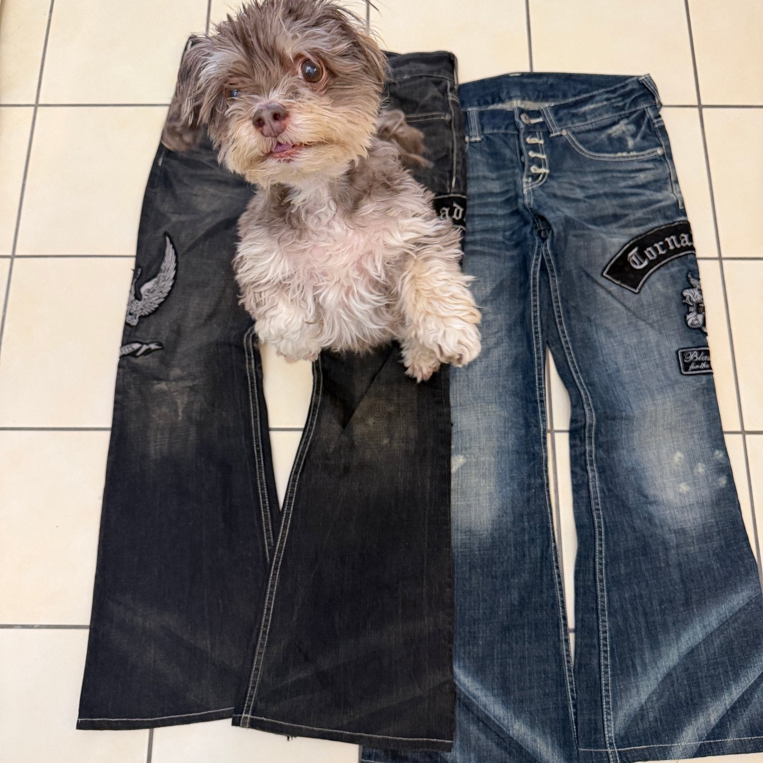 Tornado Mart Patched Flared Denims - wintexarchive