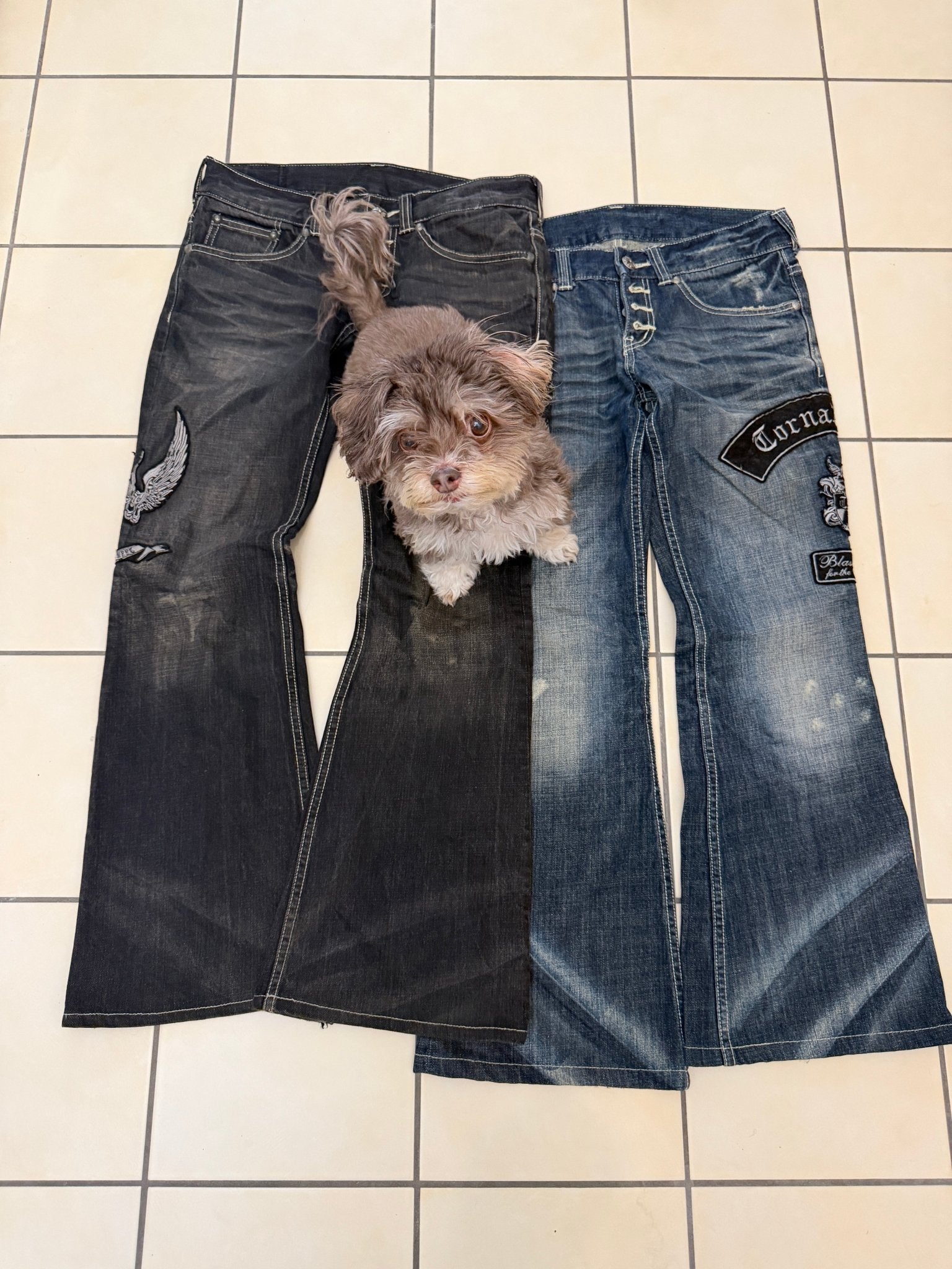 Tornado Mart Patched Flared Denims - wintexarchive