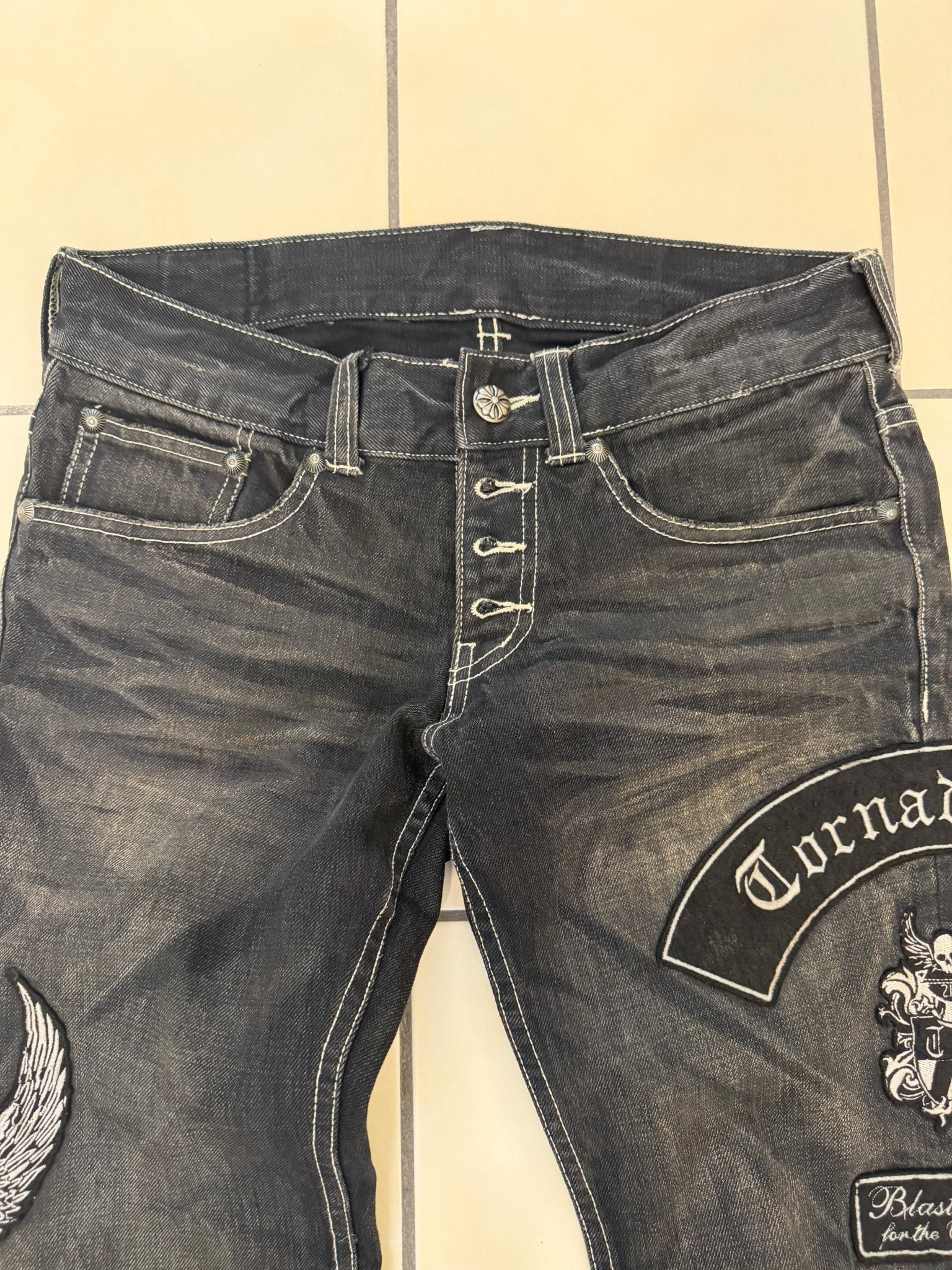 Tornado Mart Patched Flared Denims - wintexarchive
