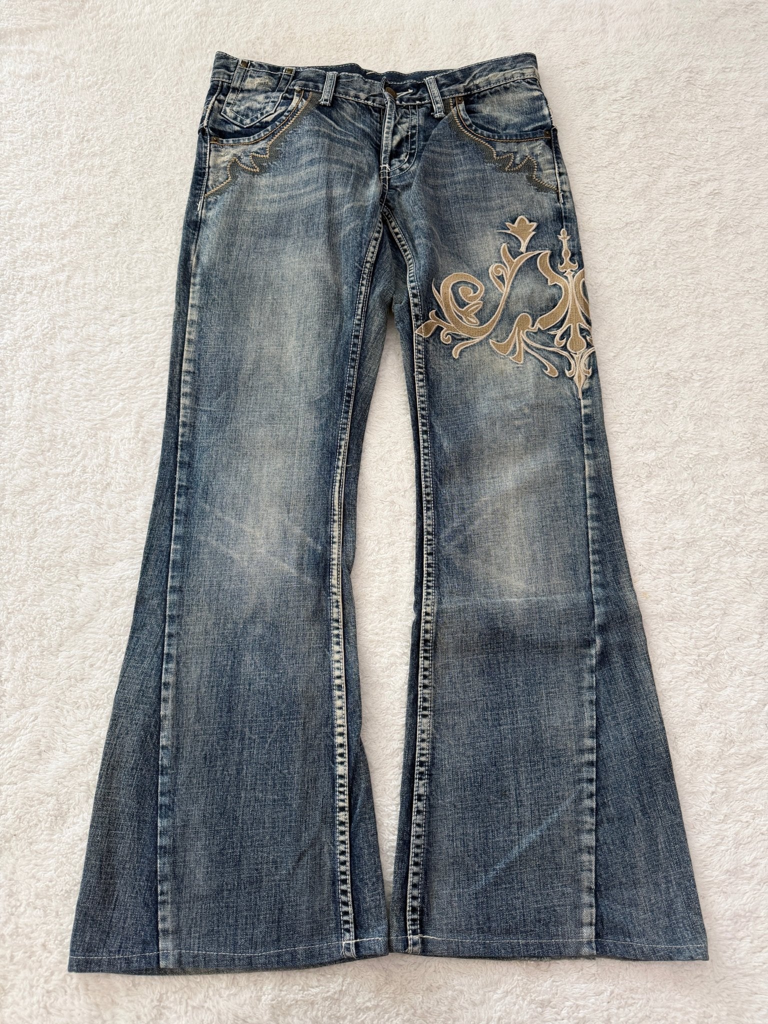 Tornado Mart Tribal Embroidered Flared Denim - wintexarchive